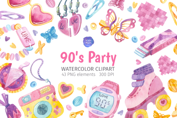 90s Theme Watercolor Clipart & Illustrations