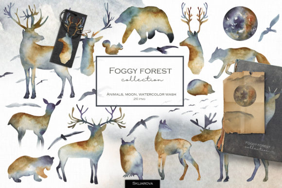 Foggy Forest. Watercolor Animals Illustrations