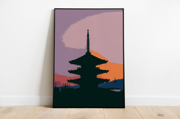 Japanese Temple Silhouette Watercolor Illustrations