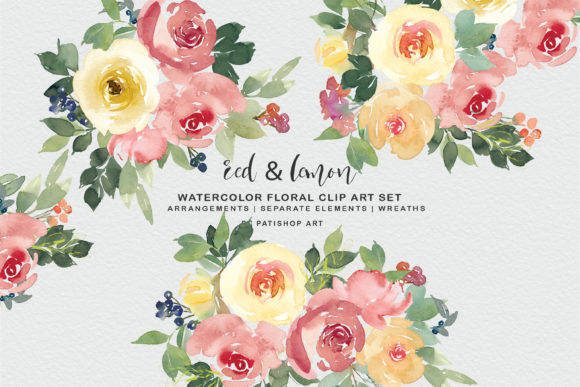 Red and Lemon Watercolor Bouquet Clipart