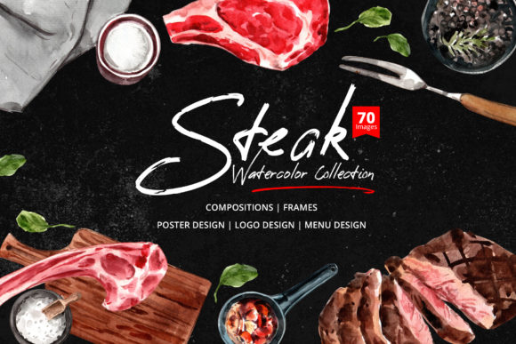 Steak Food Dinner Watercolor Illustrations