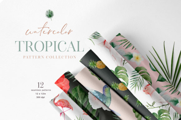 Tropical Watercolor Flower Bird Pattern Illustrations