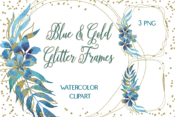 Watercolor Blue Gold Floral Frames & Illustrations