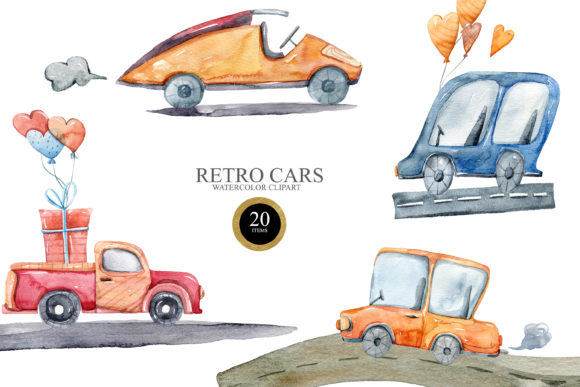 Watercolor Cute Cars Clipart. Transport Illustrations