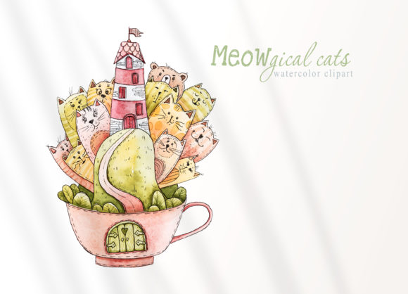 Watercolor Cute Cartoon Cats Clipart & Illustrations