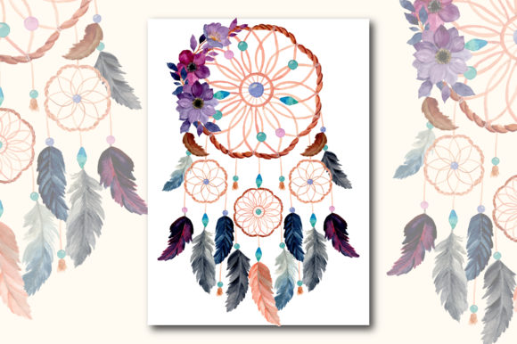 Watercolor Dream Catcher with Floral 9 Illustrations