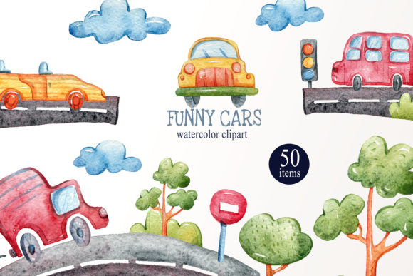 Watercolor Funny Cars Clipart & Illustrations