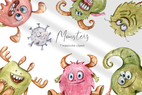 Watercolor Monster Clipart. Coronavirus & Illustrations