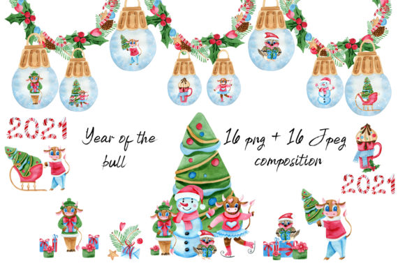 Watercolor New Year Clipart, Cute Bull Illustrations