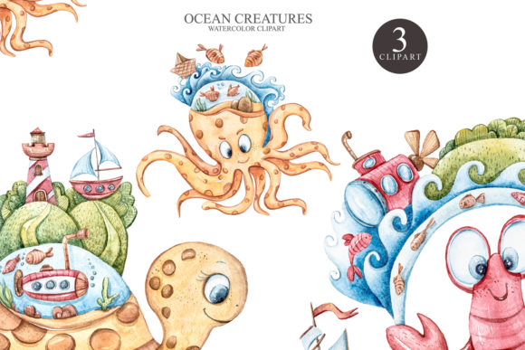 Watercolor Underwater Clipart. Fantasy Illustrations
