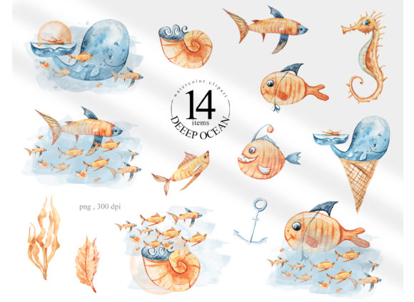 Watercolor Whale and Fish Clipart Set