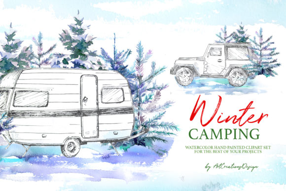 Watercolor Winter Camping Van Illustrations