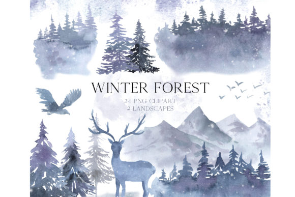 Watercolor Winter Forest Clipart & Illustrations