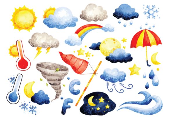 Weather Doodles Watercolor Vector Illustrations